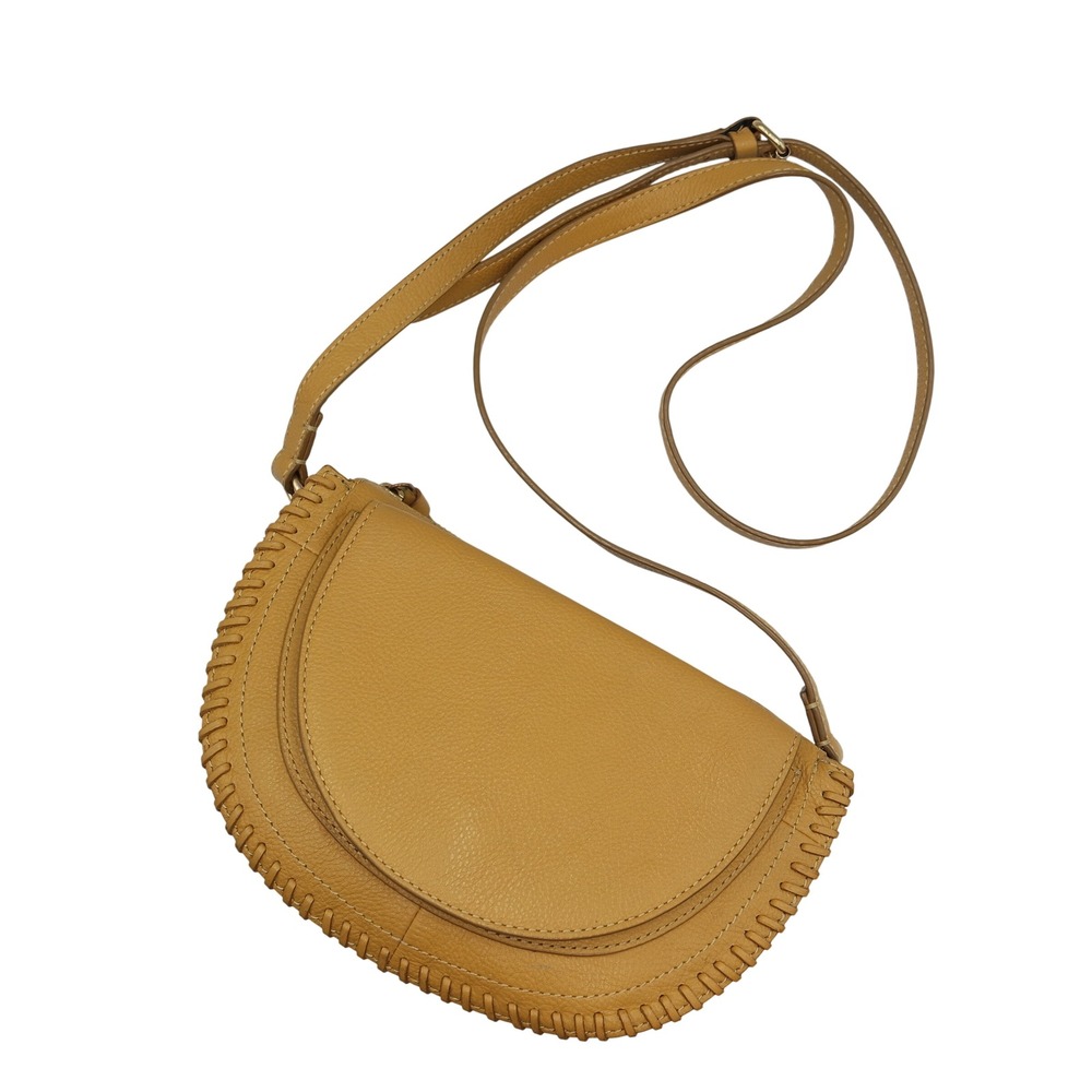 Vintage Chicos Genuine Leather Mustard Yellow Whipstitch Crossbody Saddle Bag